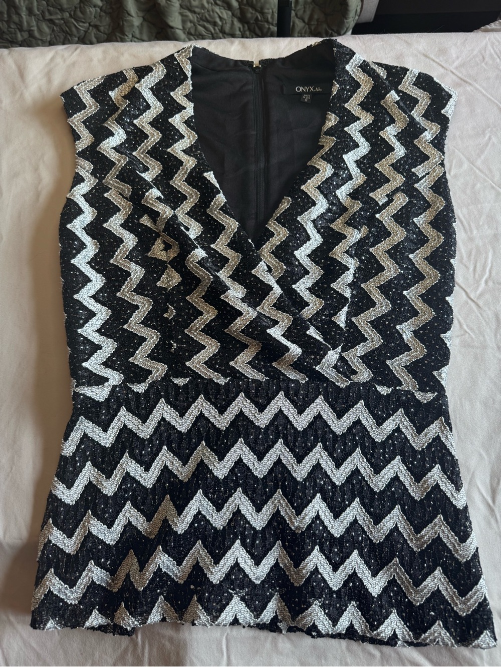Onyx Nite Black and Silver Sequin Chevron V-Neck Top